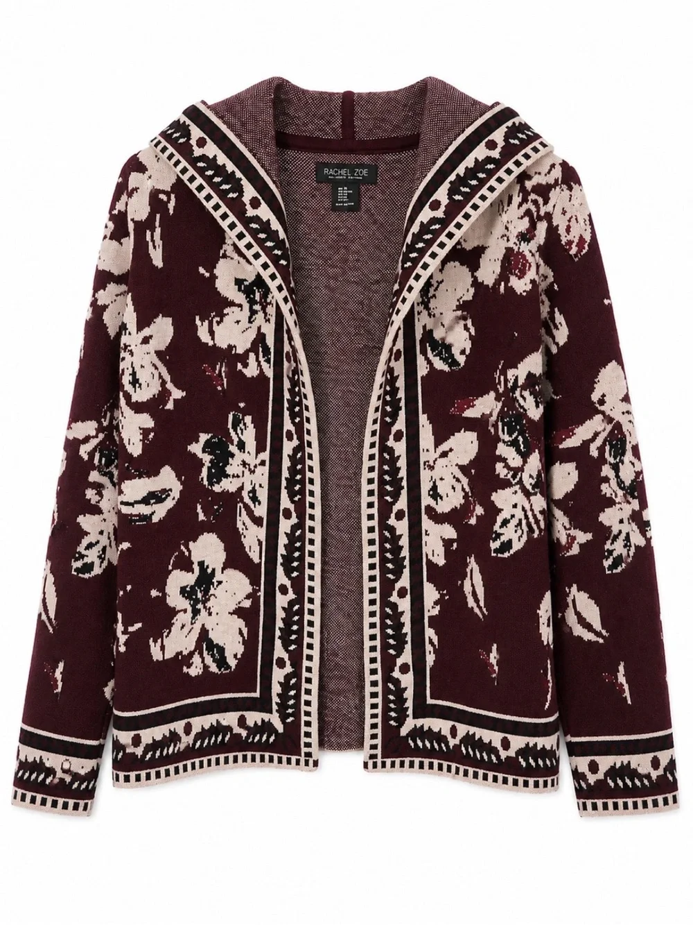 Rachel Zoe Wine and Cream Floral Hooded Cardigan, size xs